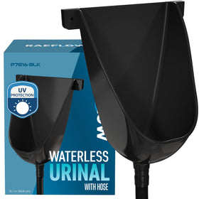 RAEFLOW waterless urinal in black wall mount for outdoor use and water saving.