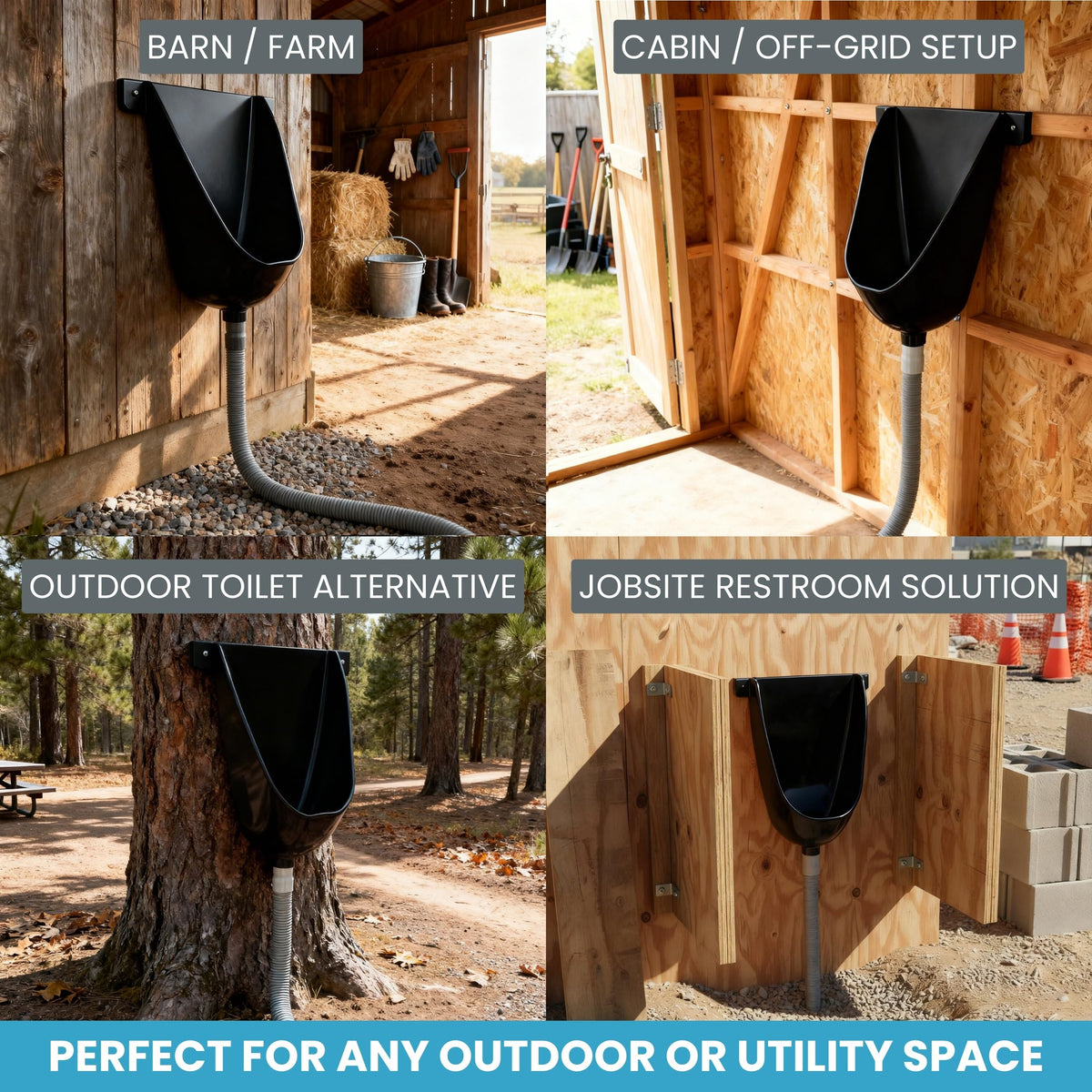RAEFLOW waterless urinal black exterior for UV outdoor durability.