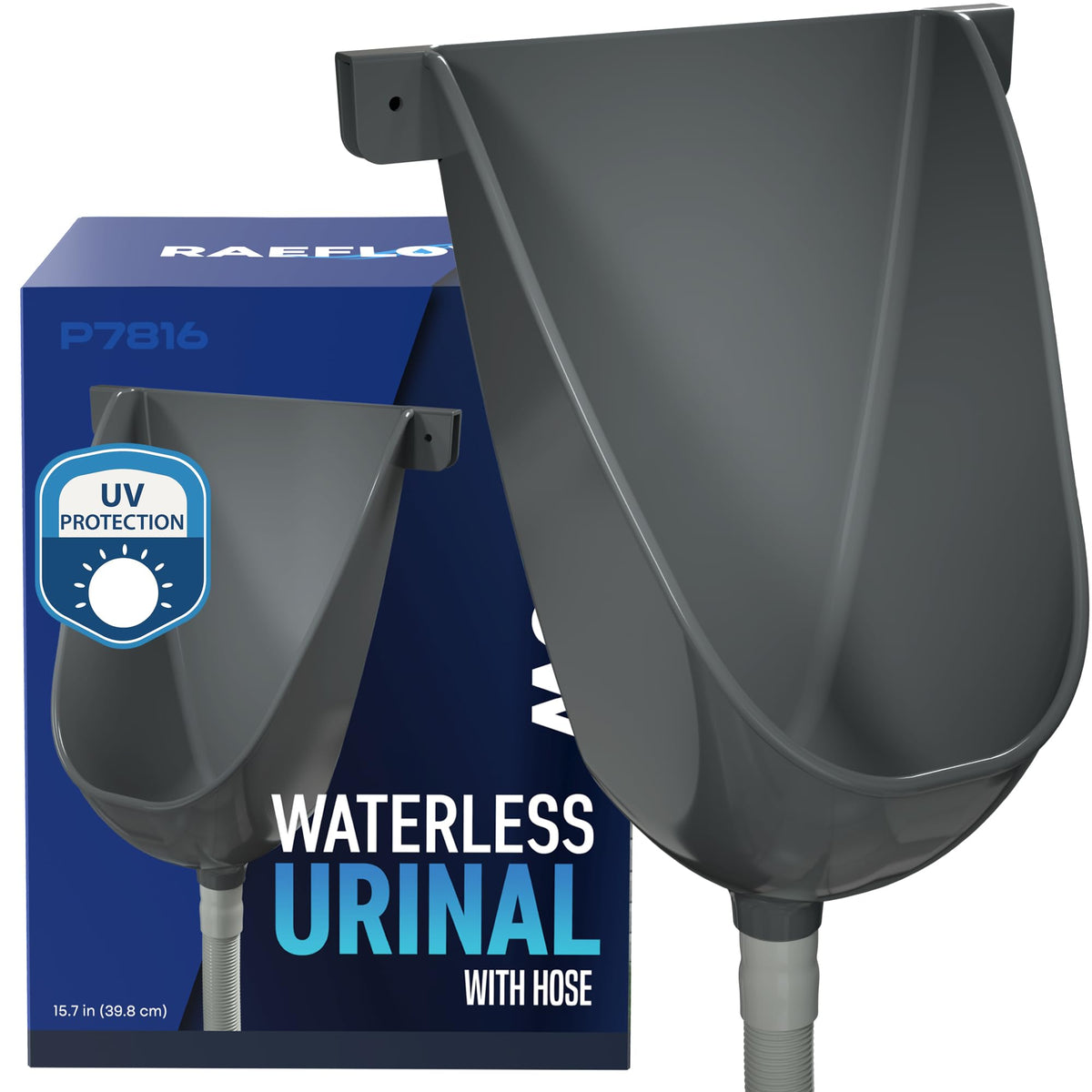 RAEFLOW waterless urinal outdoors with hose for efficient waste direction