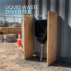 RAEFLOW waterless urinal shown in outdoor setting for garden or garage use.