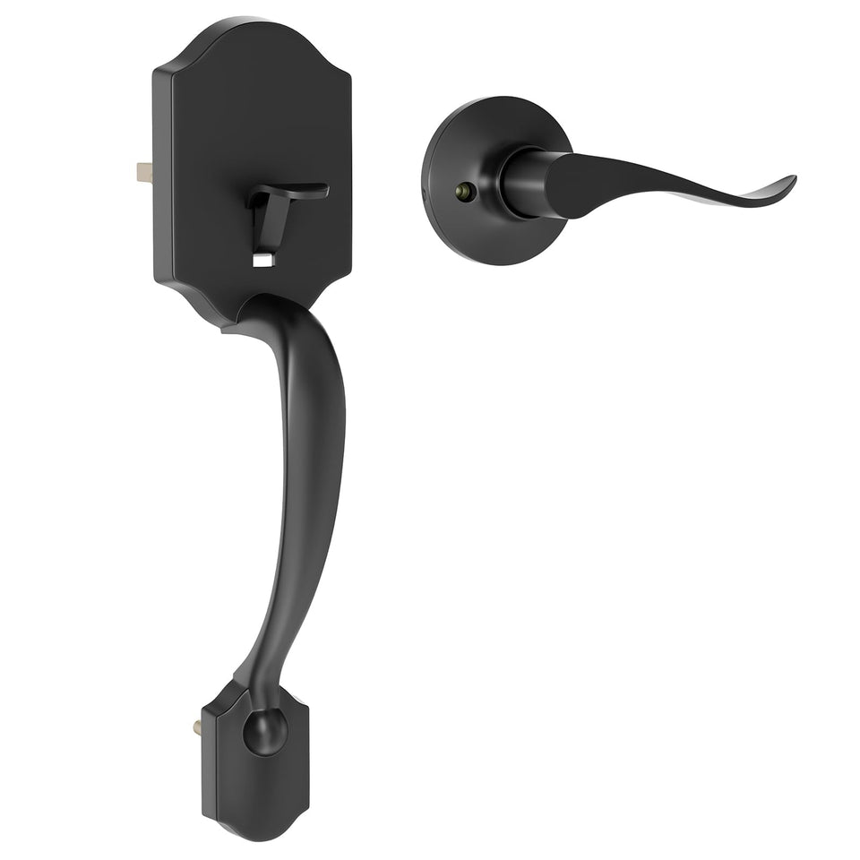 RAFECIEE black front door handle face demonstrates durable zinc alloy build for long-lasting use.