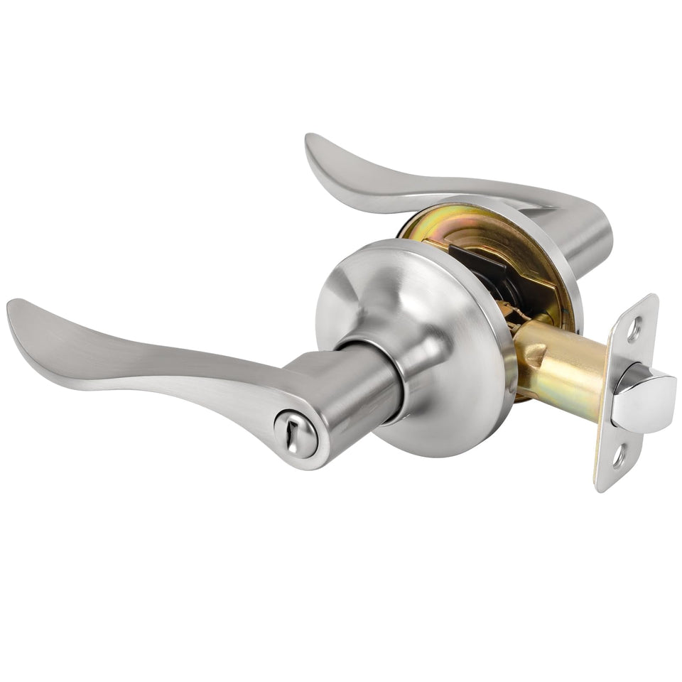 RAFECIEE privacy door handle with wave lever in satin nickel, front view for elegant interior doors.
