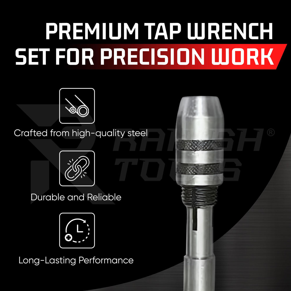 RAHISH TOOLS T-handle tap wrench with 1/4-1/2 jaw for larger taps and stable grip.