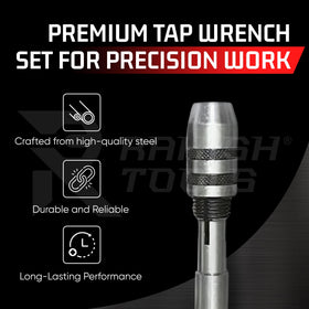 RAHISH TOOLS T-handle tap wrench with 1/4-1/2 jaw for larger taps and stable grip.