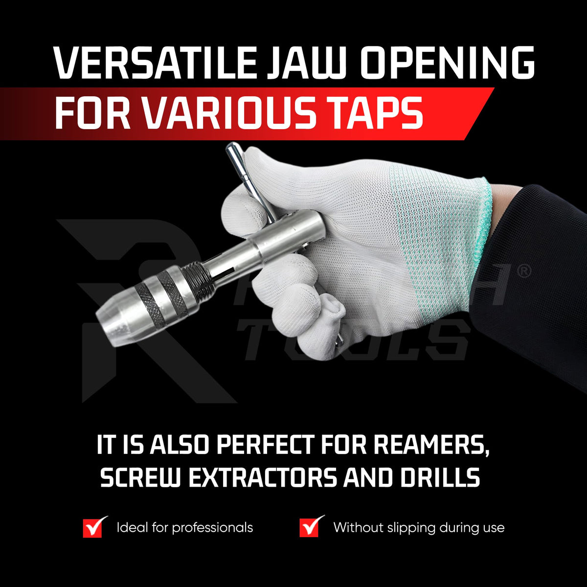 RAHISH TOOLS T-handle tap wrench with knurled-cap jaws for improved grip and precision.