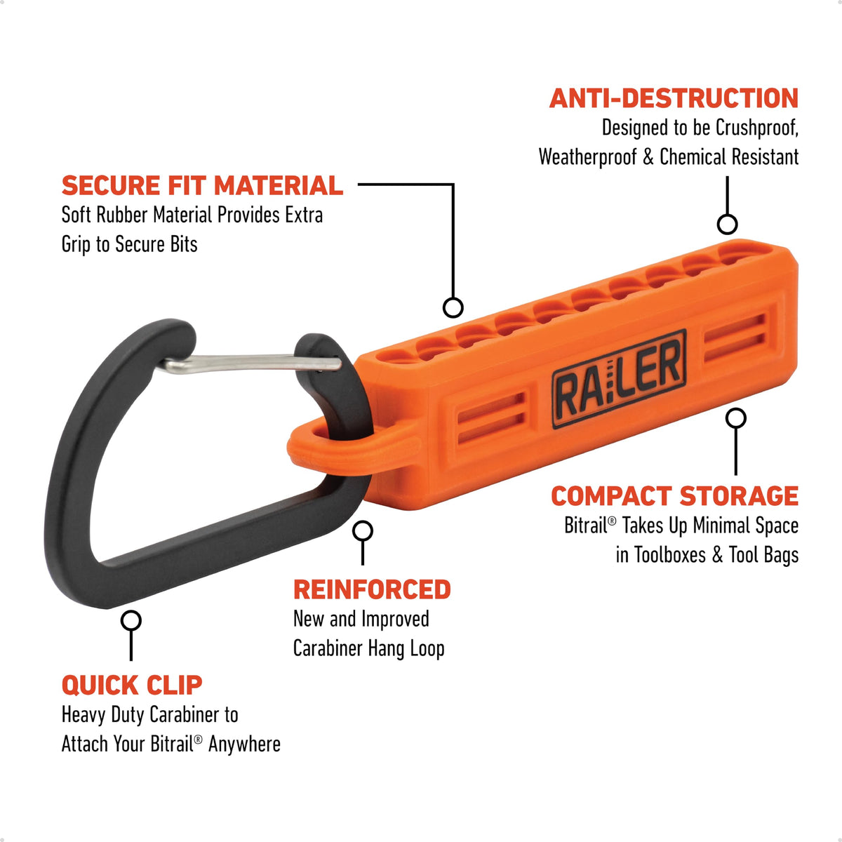 Railer 10-hole bit rail with carabiner ready for attachment