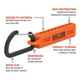 Railer 10-hole bit rail with carabiner ready for attachment