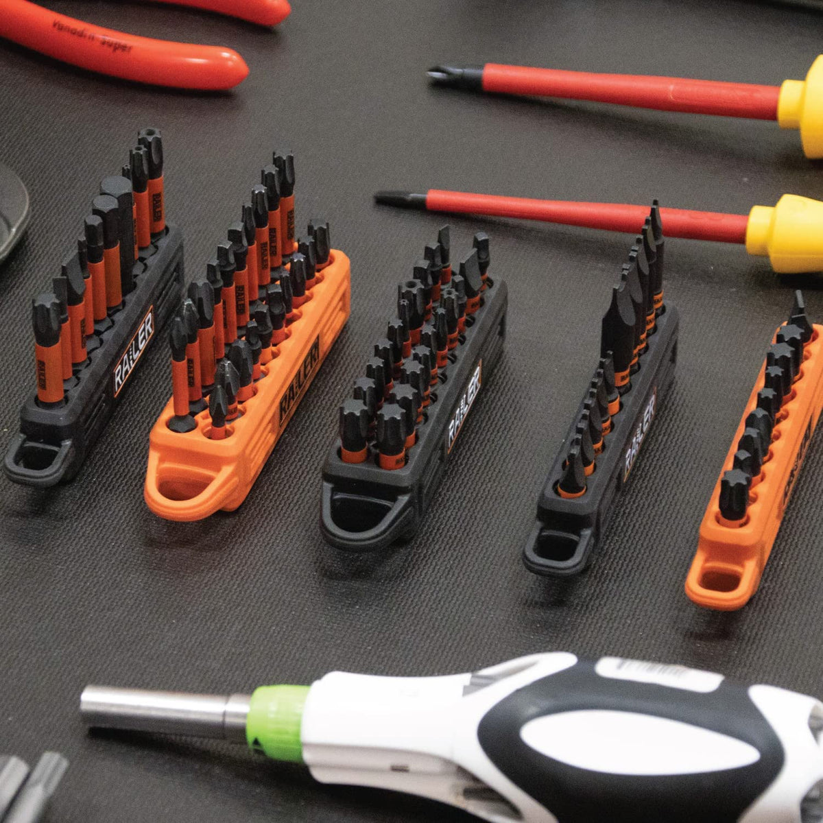Railer carabiner clips the bit rail for easy carry.