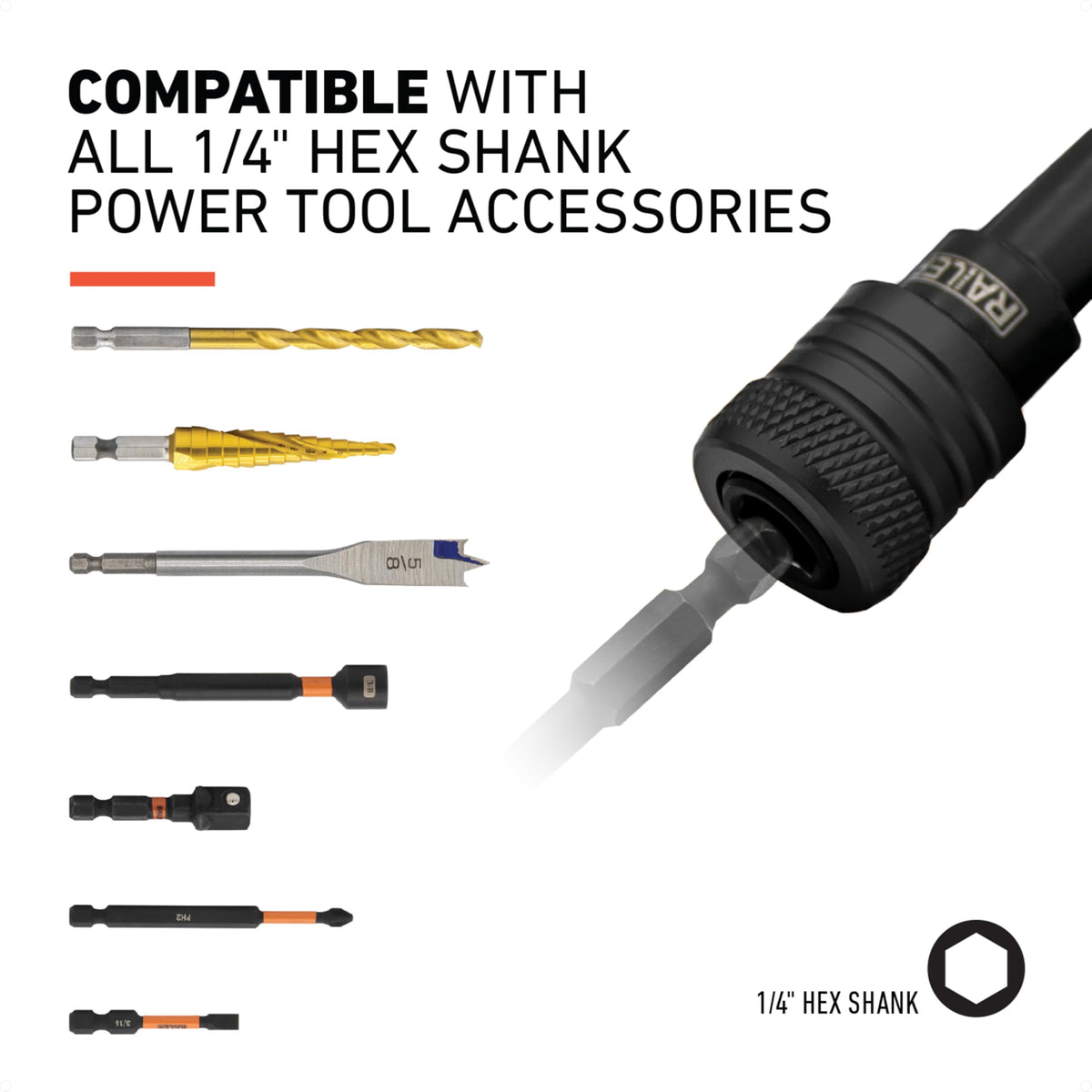 Railer ball-lock quick-change enables one-handed bit swaps.