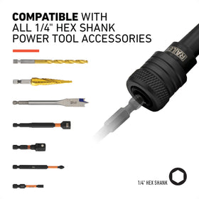 Railer ball-lock quick-change enables one-handed bit swaps.