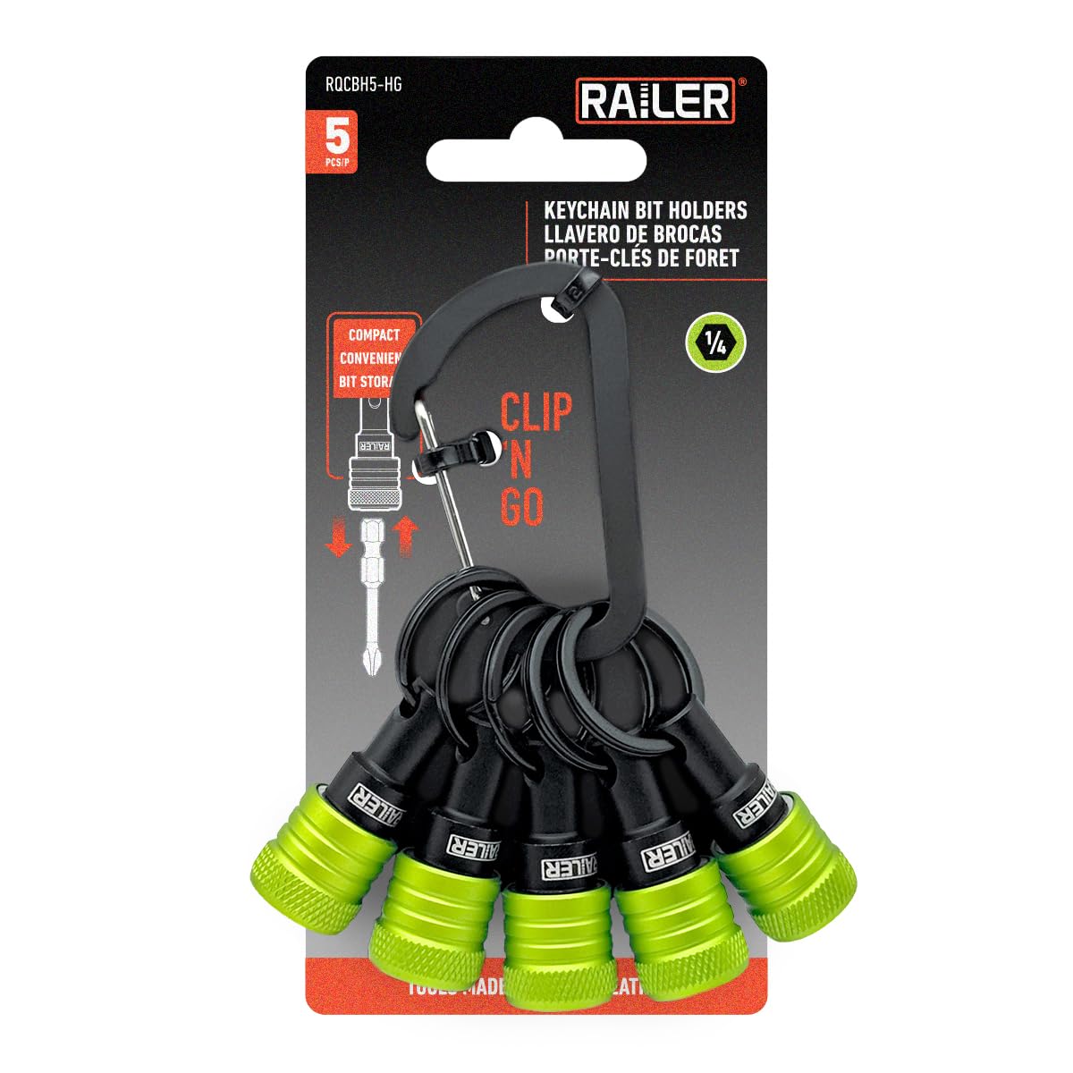 Railer bit holder keychain with five color coded slots for quick access
