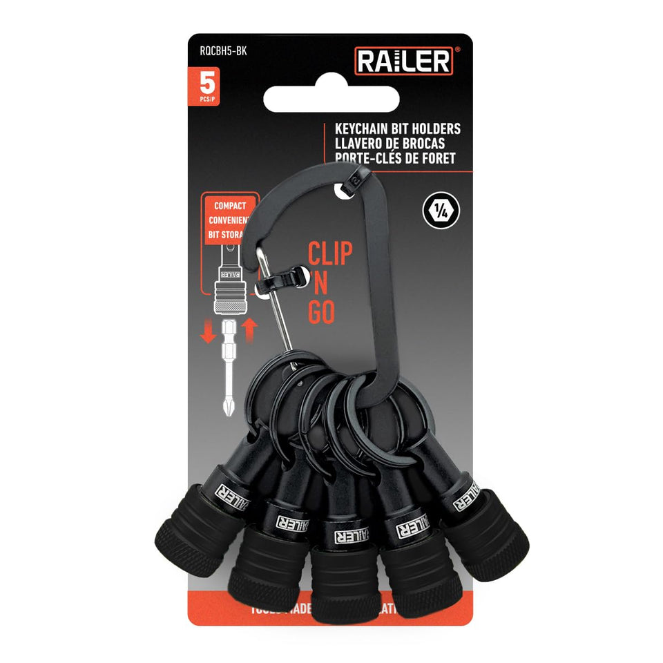 Railer bit holder keychain with 14-inch hex shank keeps bits ready on the go.