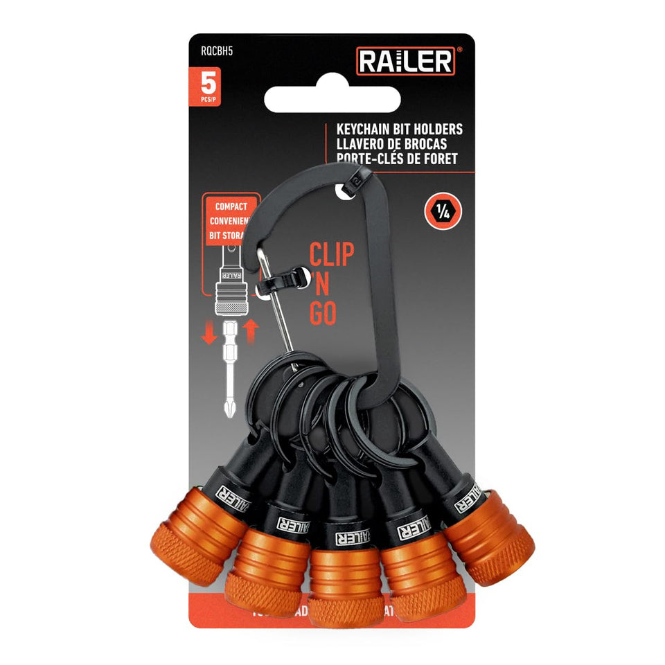 Railer bit holder keychain 5pc on a carabiner for quick access to bits on the jobsite.