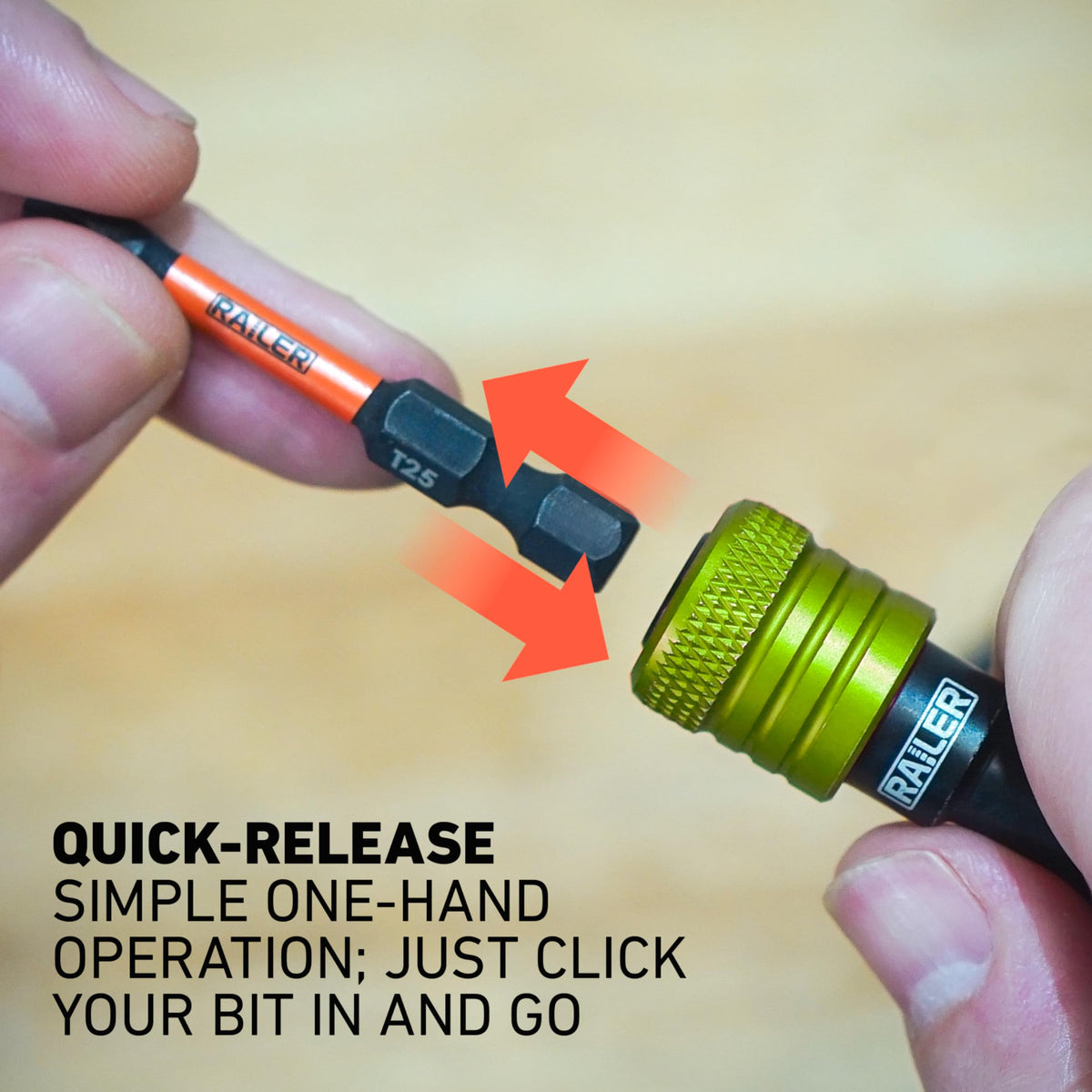 Railer carabiner bit holder clipped to belt for hands free carry