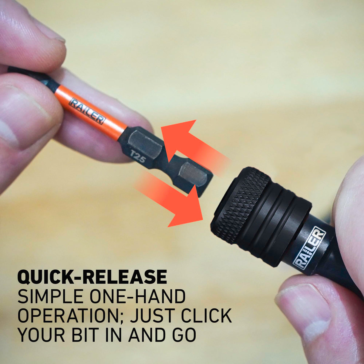 Railer carabiner clip keeps tools secured and within reach.
