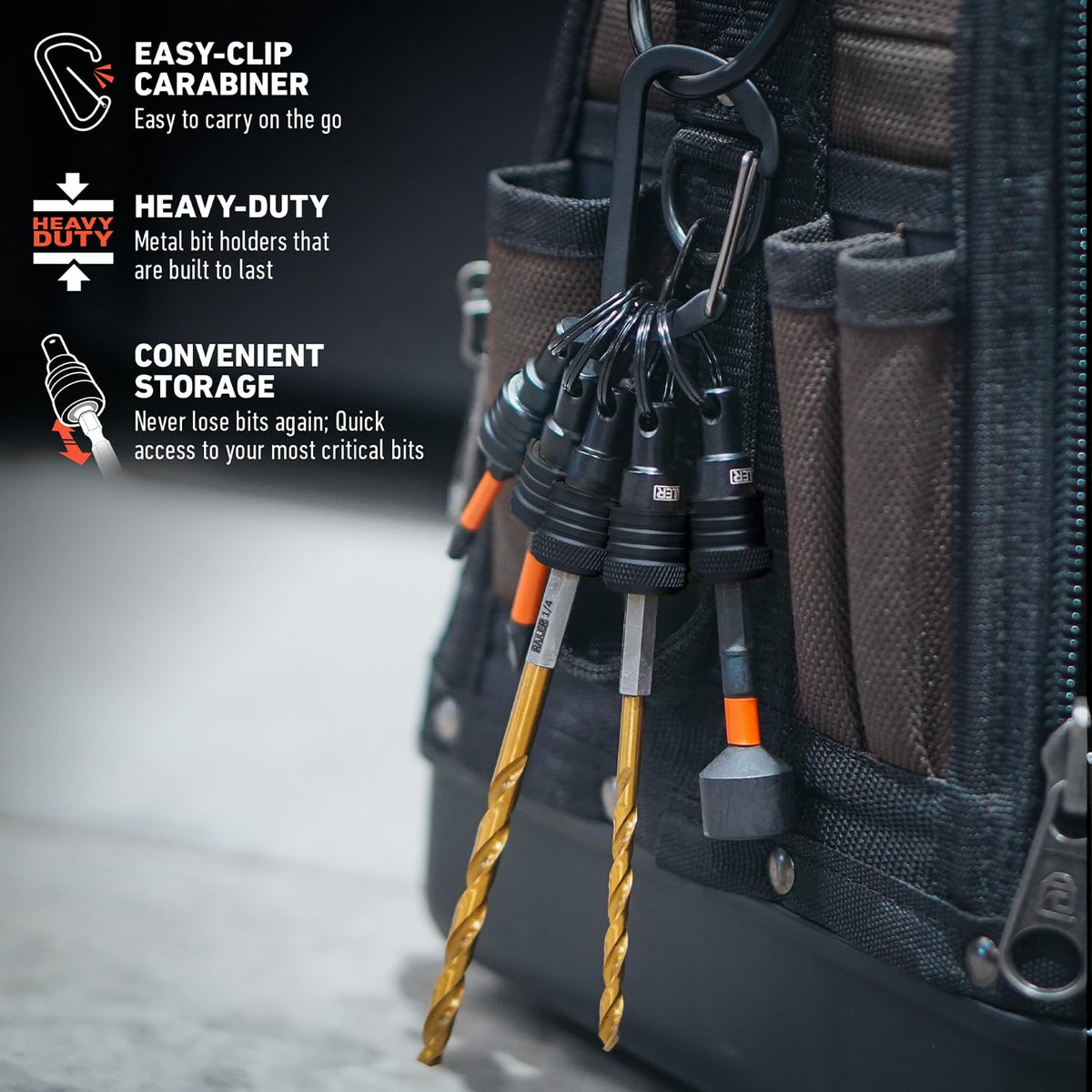 Railer color-coded bit holders help quick bit identification and organization.