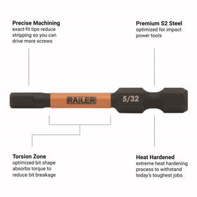 Railer premium S2 steel bits resist impact for durable driving performance.