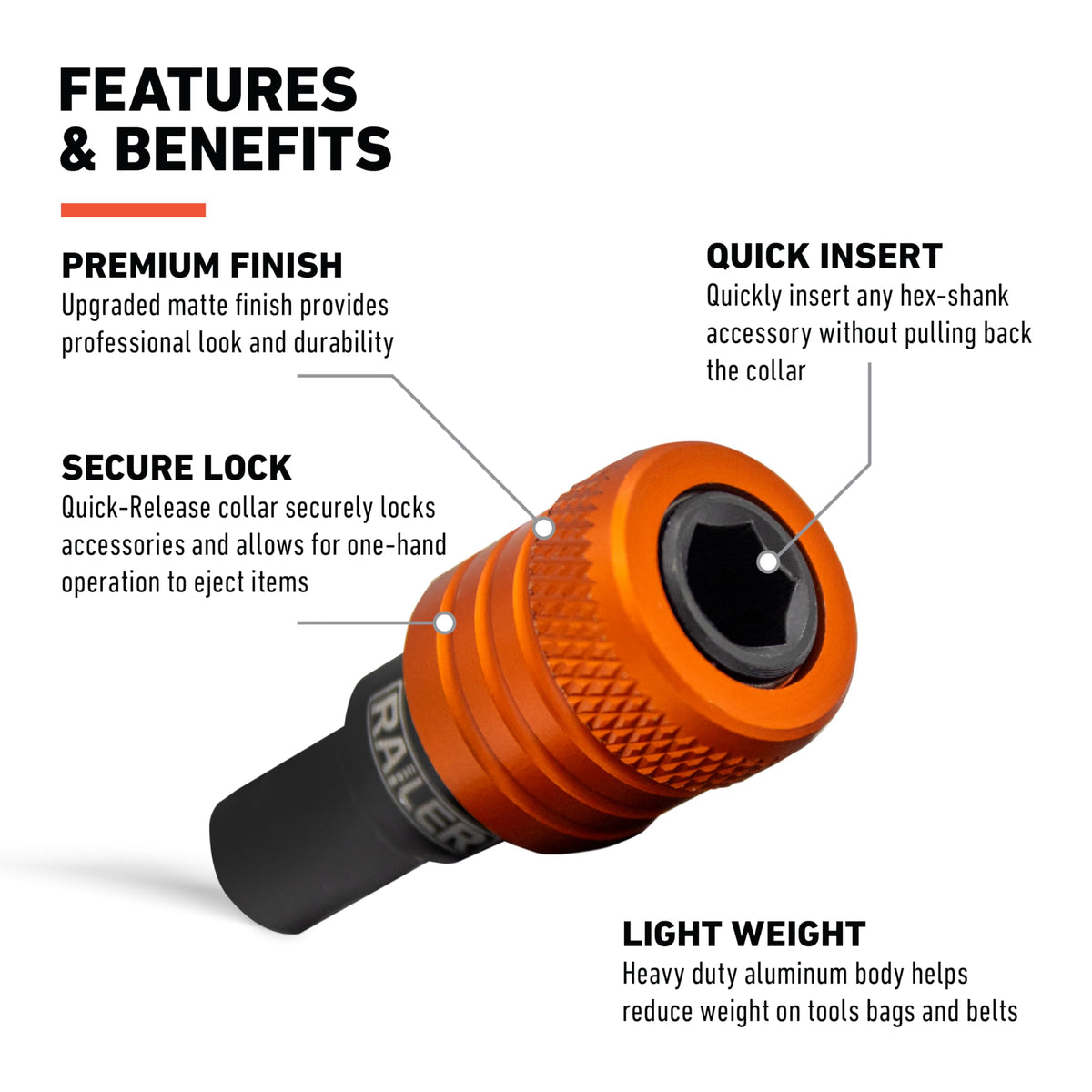 Railer hex shank 1/4-inch bits stay secure during tough tasks.