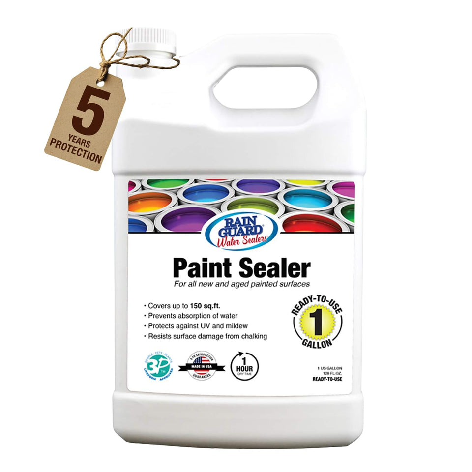 Rain Guard Paint Sealer 1 Gallon label highlights durable protection for surfaces