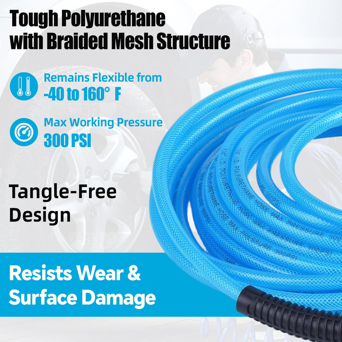RainBello air hose with brass quick-connect fittings for leak-free performance.