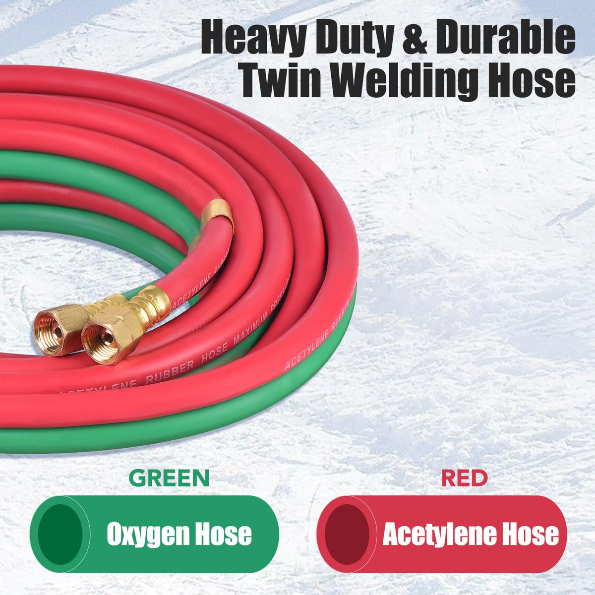 RainBello oxygen-acetylene hose connection setup for quick, secure torch fittings.