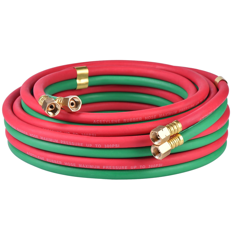 RainBello twin welding hose 25ft red and green for safe gas flow identification.