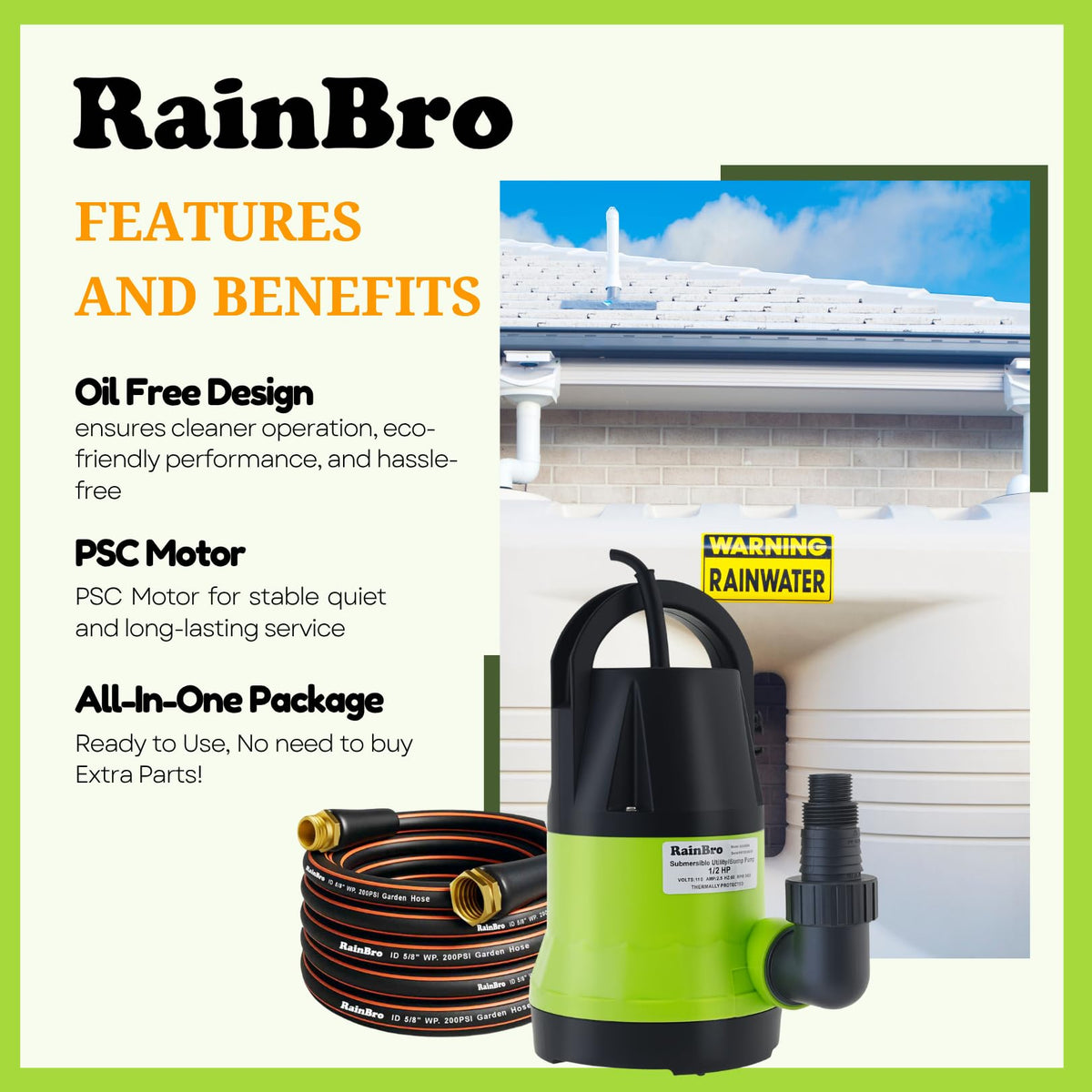 RainBro 25ft power cord enables flexible placement and safe operation.