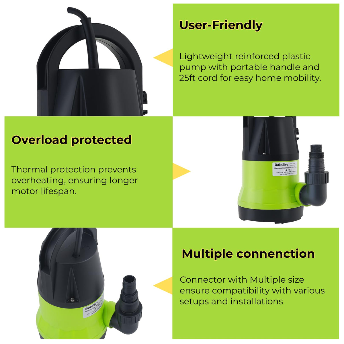 RainBro detachable suction filter helps keep debris out for smoother operation.