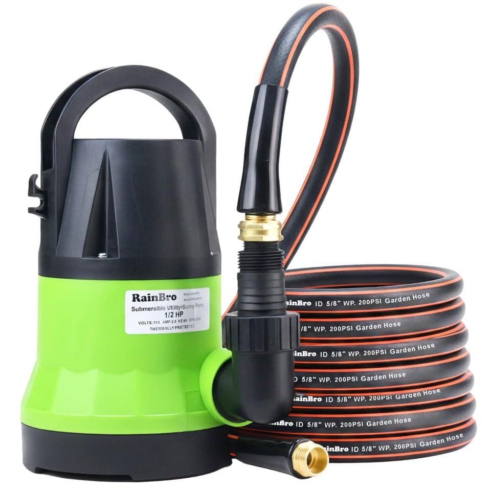 RainBro half-hp sump pump for quick pool drainage and basement flood relief.