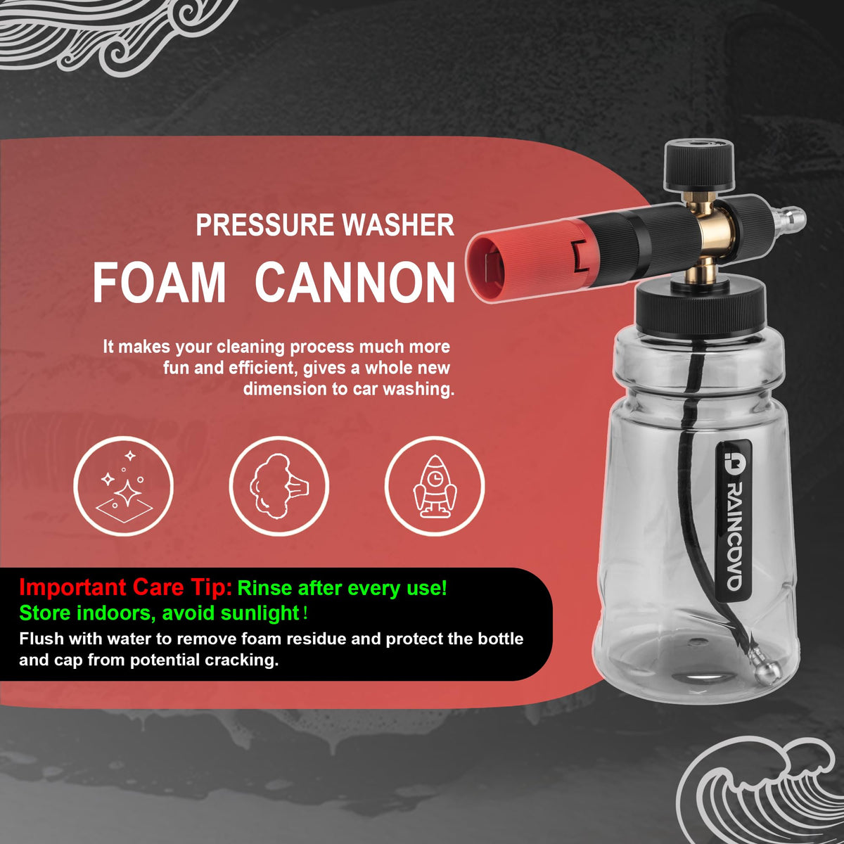 Raincovo Foam Cannon dense snow foam blankets your car for full coverage