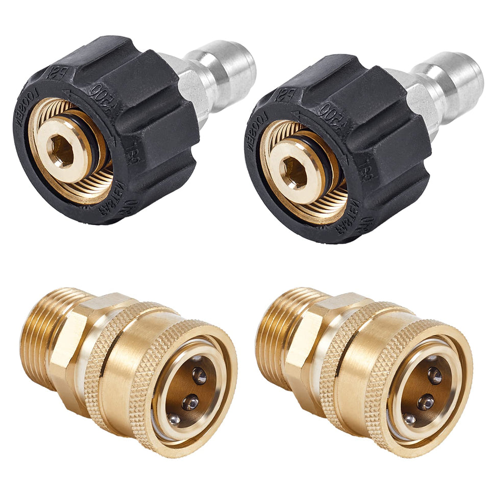 Raincovo quick-connect fittings show M22-14mm to 3/8in hose adapter for faster setup.