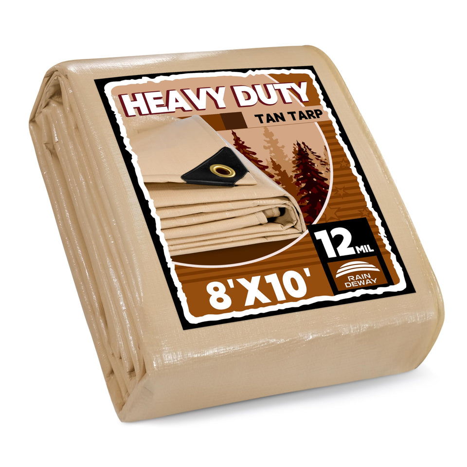 RAINDWAY 12mil tan tarp full-size cover shields gear from rain and sun.