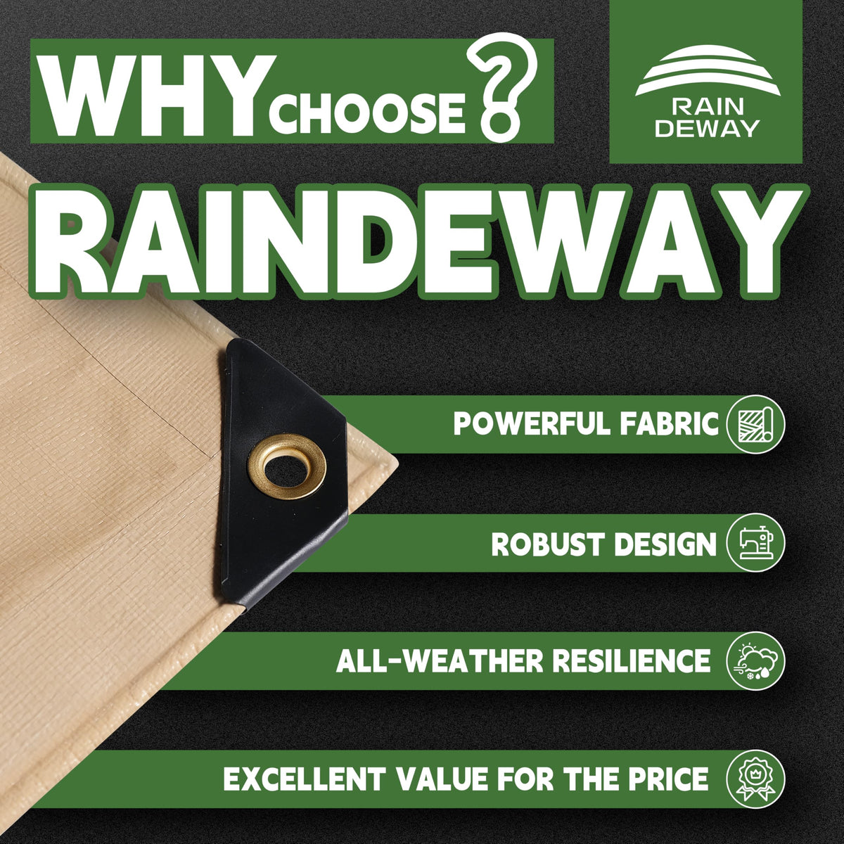 RAINDWAY 12mil tan tarp weave detail shows tight 14x14 construction for durability.