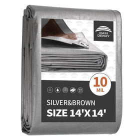 RAINDEWAY 14x14 silver tarp protecting outdoor gear from rain