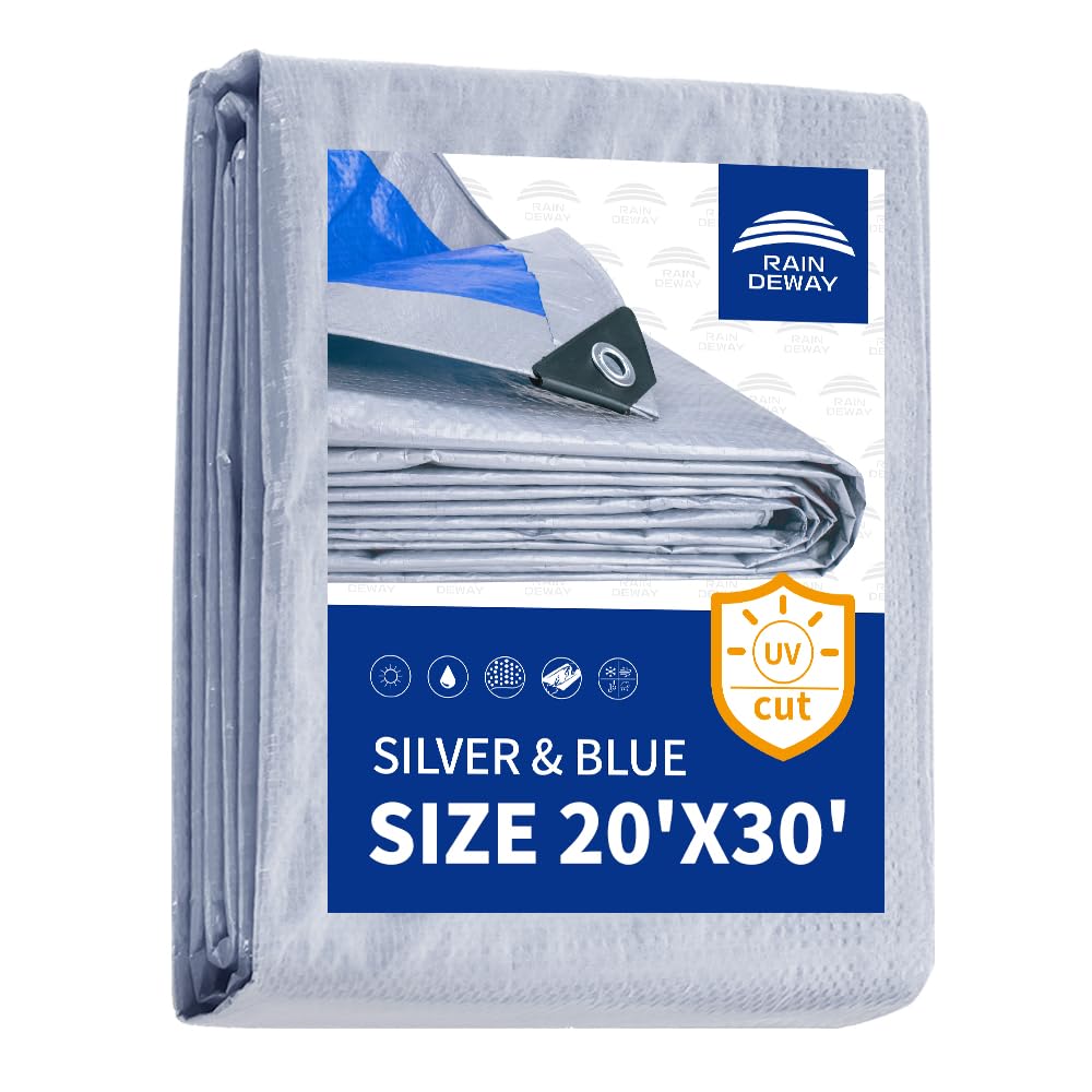 RAINDEWAY tarp in blue and silver protects 20x30 ft outdoor gear from rain