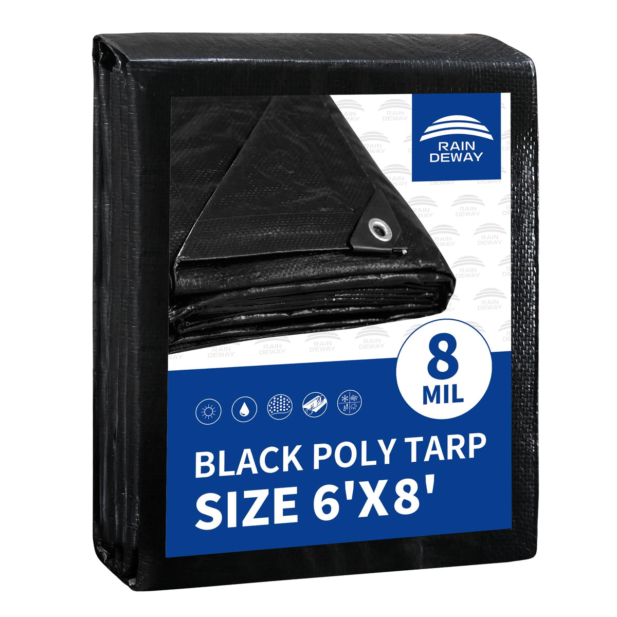 RAINDEWAY Black Tarp 6x8 UV-resistant cover protecting outdoor gear.