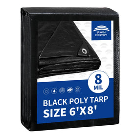 RAINDEWAY Black Tarp 6x8 UV-resistant cover protecting outdoor gear.