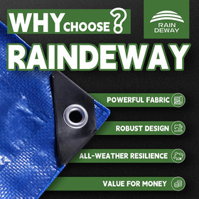 RAINDEWAY tarp shows reinforced edges for long-lasting outdoor use