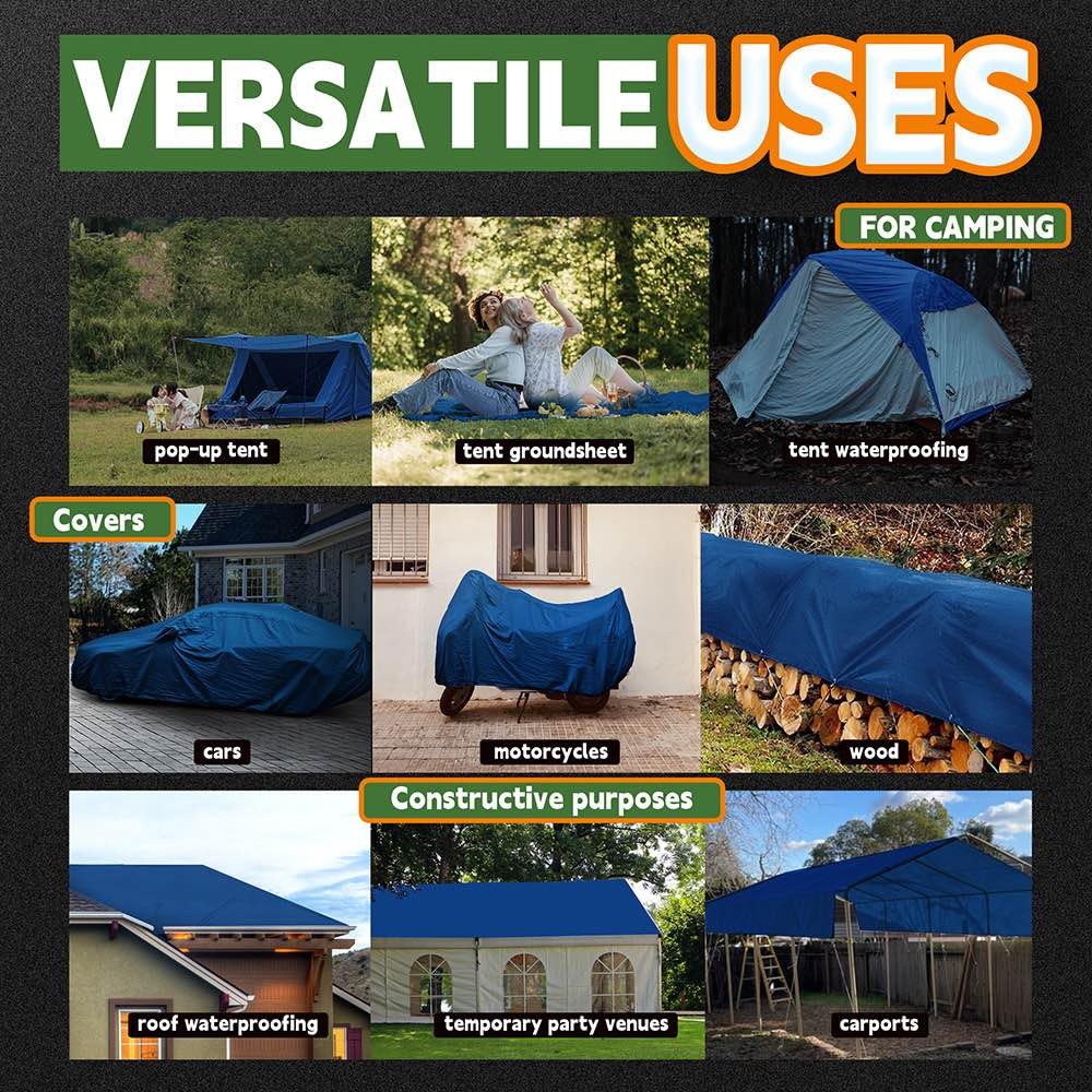 RAINDEWAY Blue Tarp 9x12 in use to shield gear outdoors