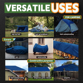 RAINDEWAY Blue Tarp 9x12 in use to shield gear outdoors