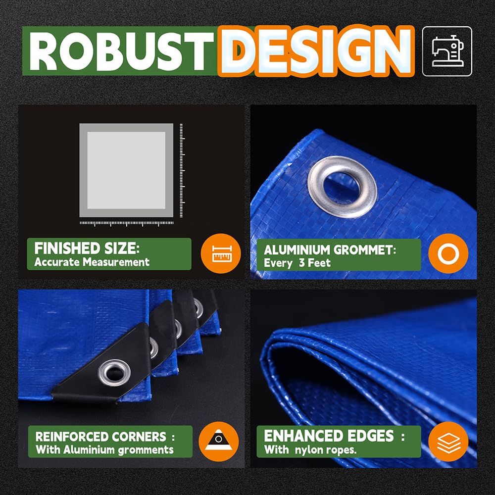 RAINDEWAY tarp close-up highlights durable UV-resistant coating on blue surface