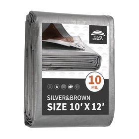 RAINDEWAY heavy-duty tarp top view demonstrates versatile 10x12 ft outdoor coverage.