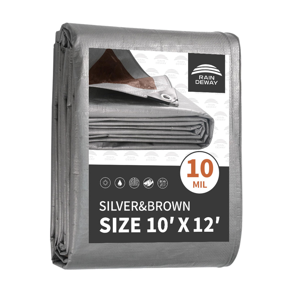 RAINDEWAY heavy-duty tarp top view demonstrates versatile 10x12 ft outdoor coverage.