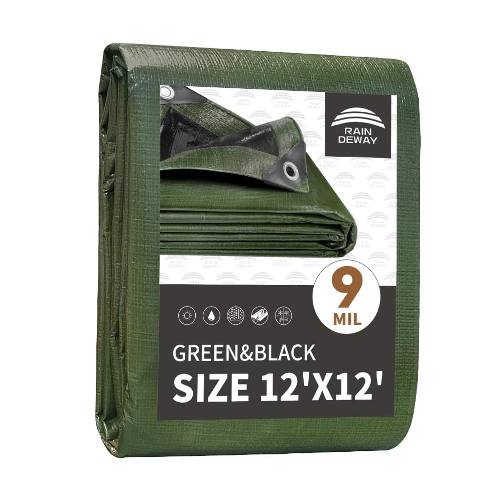 RAINDEWAY 12x12 green tarp shows full coverage and rugged durability for outdoor use