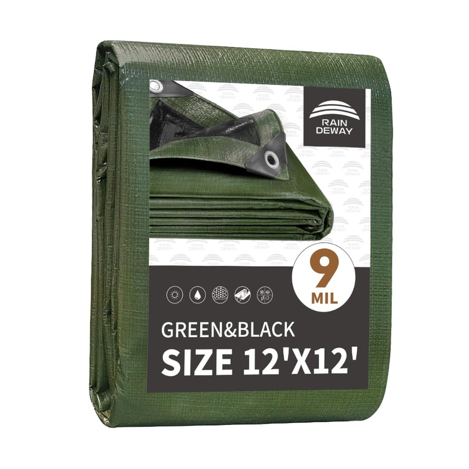 RAINDEWAY 12x12 green tarp shows full coverage and rugged durability for outdoor use