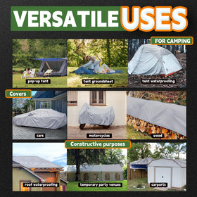 RAINDEWAY tarp safeguards cars, trailers, and boats from rain and dirt.