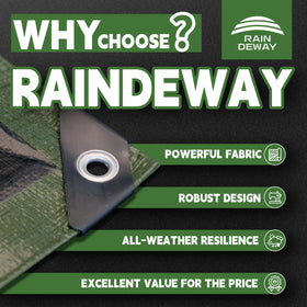 RAINDEWAY tarp with reinforced edges resists tearing in tough conditions