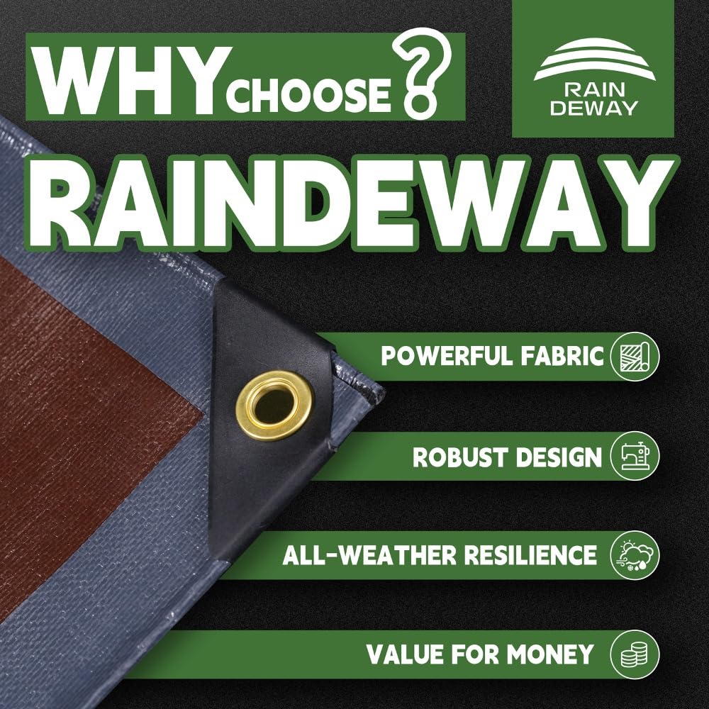 RAINDEWAY tarp with metal grommets and reinforced edges for long-lasting securing.