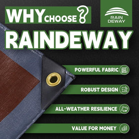 RAINDEWAY tarp with metal grommets and reinforced edges for long-lasting securing.