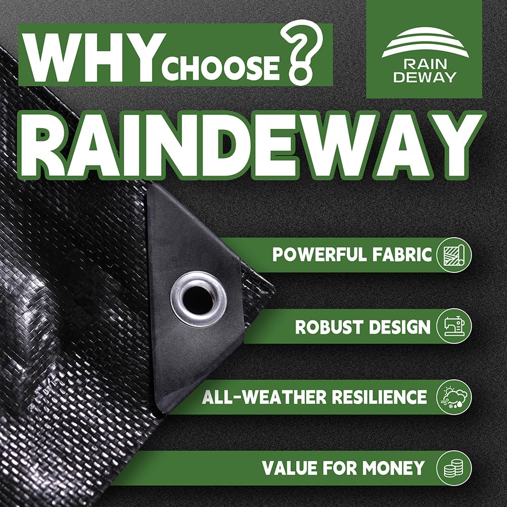 RAINDEWAY tarp with metal grommets and reinforced edges for secure securing.